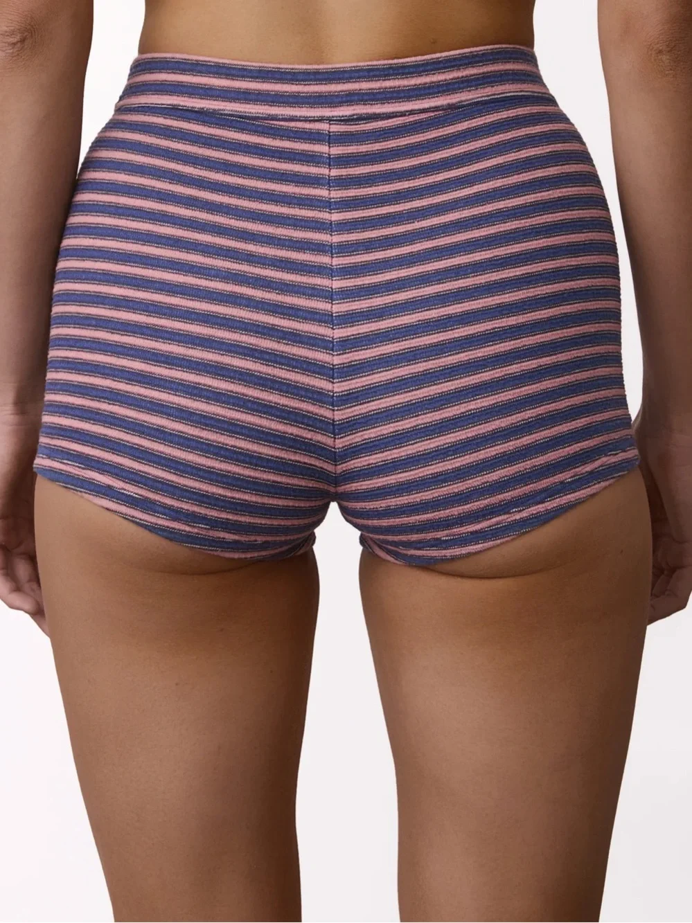 BeachWeek Striped High-Waist Swim Shorts in Pink & Navy